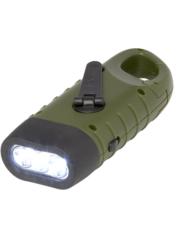 Lampe de poche dynamo solaire Helios en plastique recyclé avec mousqueton