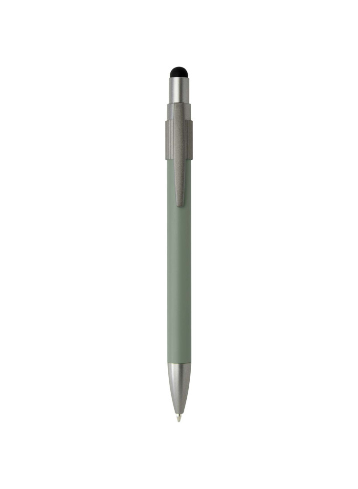 Stylo bille publicitaire recyclé RCS avec stylet et toupie antistress encre bleue Rill