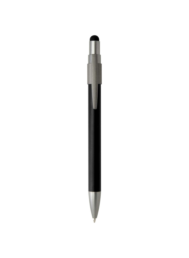 Stylo bille publicitaire recyclé RCS avec stylet et toupie antistress encre bleue Rill