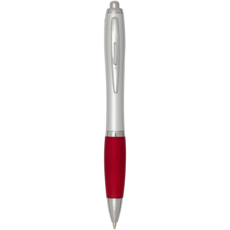 Stylo bille publicitaire RCS en plastique recyclé avec corps argenté et grip coloré encre noire Nash