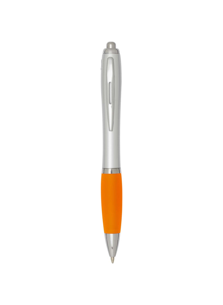 Stylo bille publicitaire RCS en plastique recyclé avec corps argenté et grip coloré encre noire Nash