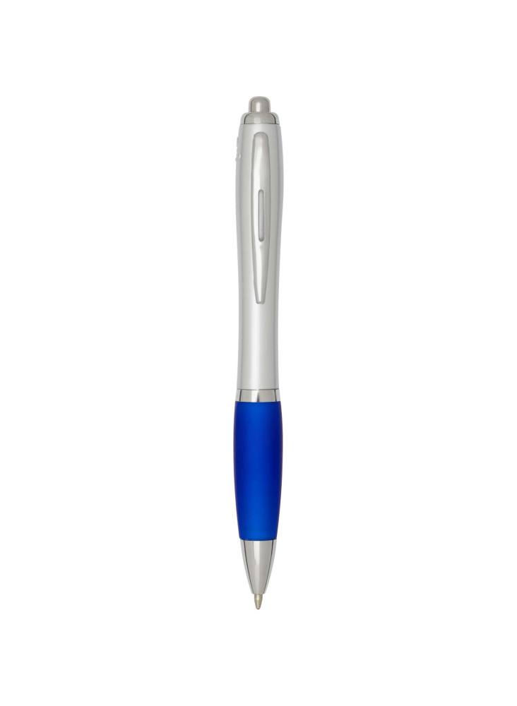 Stylo bille publicitaire RCS en plastique recyclé avec corps argenté et grip coloré encre noire Nash