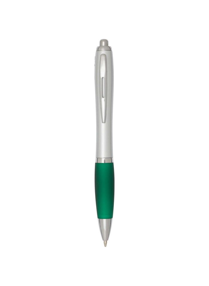 Stylo bille publicitaire RCS en plastique recyclé avec corps argenté et grip coloré encre noire Nash