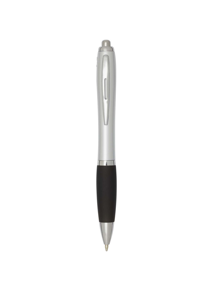 Stylo bille publicitaire RCS en plastique recyclé avec corps argenté et grip coloré encre noire Nash