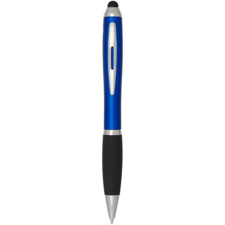 Stylo bille publicitaire à stylet en plastique recyclé RCS avec corps coloré et grip noir encre bleue Nash