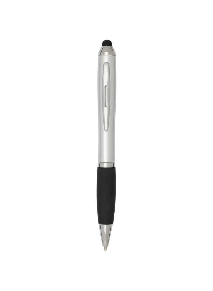 Stylo bille publicitaire à stylet en plastique recyclé RCS avec corps coloré et grip noir encre bleue Nash