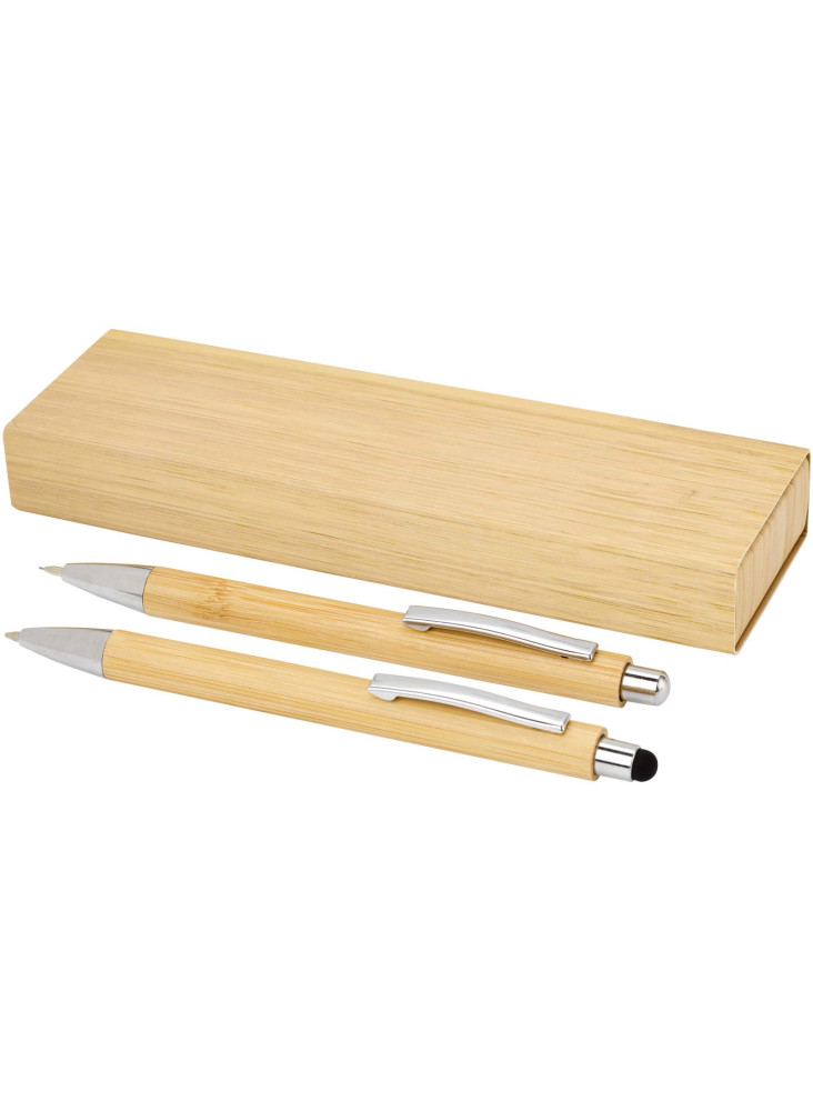 Set stylo publicitaire en bambou encre noire Oblys
