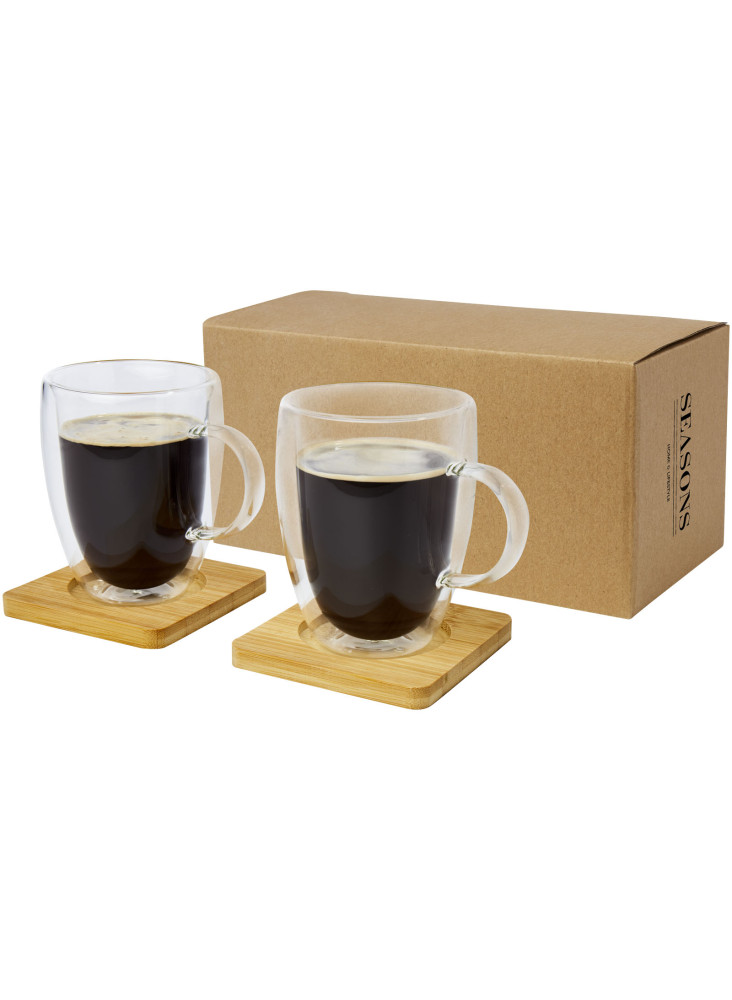 Tasse 2 pièces Manti de 350 ml à double paroi en verre avec sous-verre en bambou