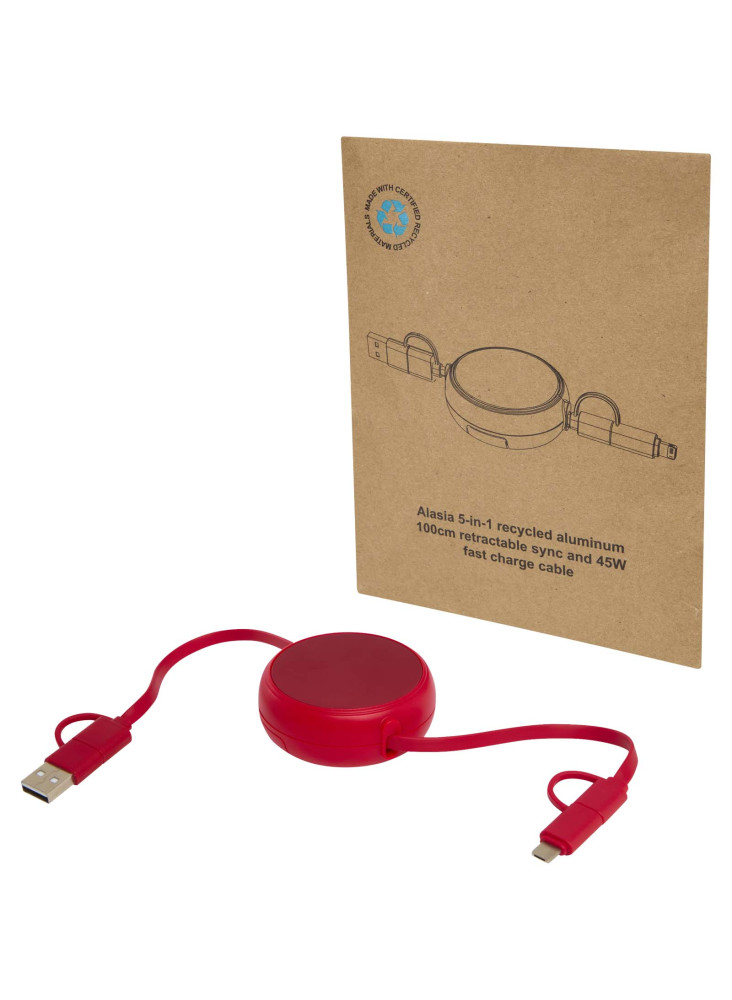Câble rétractable 5 en 1 Alasia de 100 cm en plastique recyclé et aluminium pour la synchronisation des données et la charge
