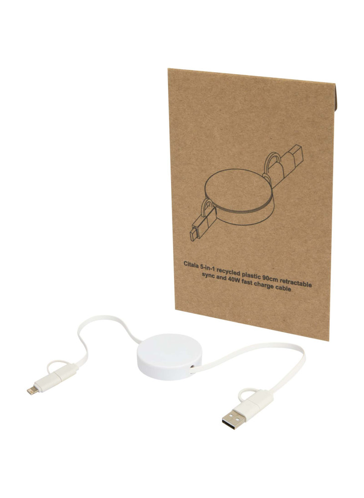 Câble rétractable 5 en 1 Citala en plastique recyclé de 90 cm pour la synchronisation des données et la charge rapide de 40 W