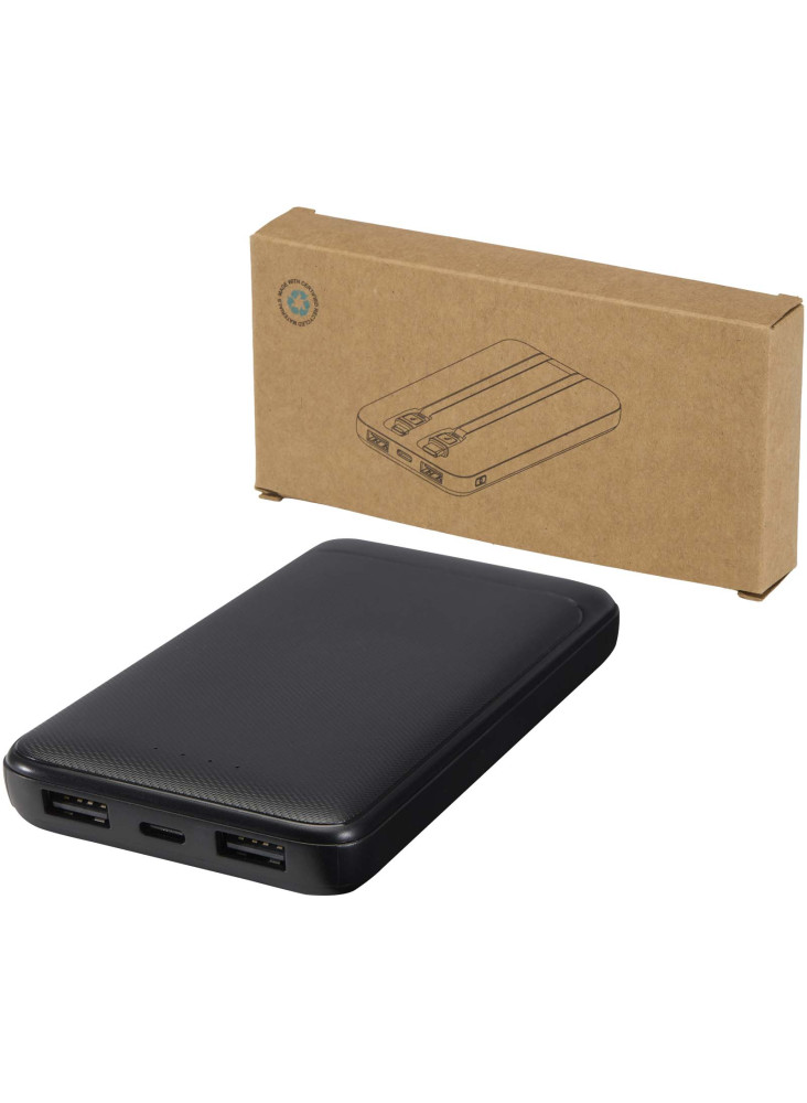 Batterie de secours Adhil de 10 000 mAh et 10 W en plastique recyclé avec 2 câbles intégrés
