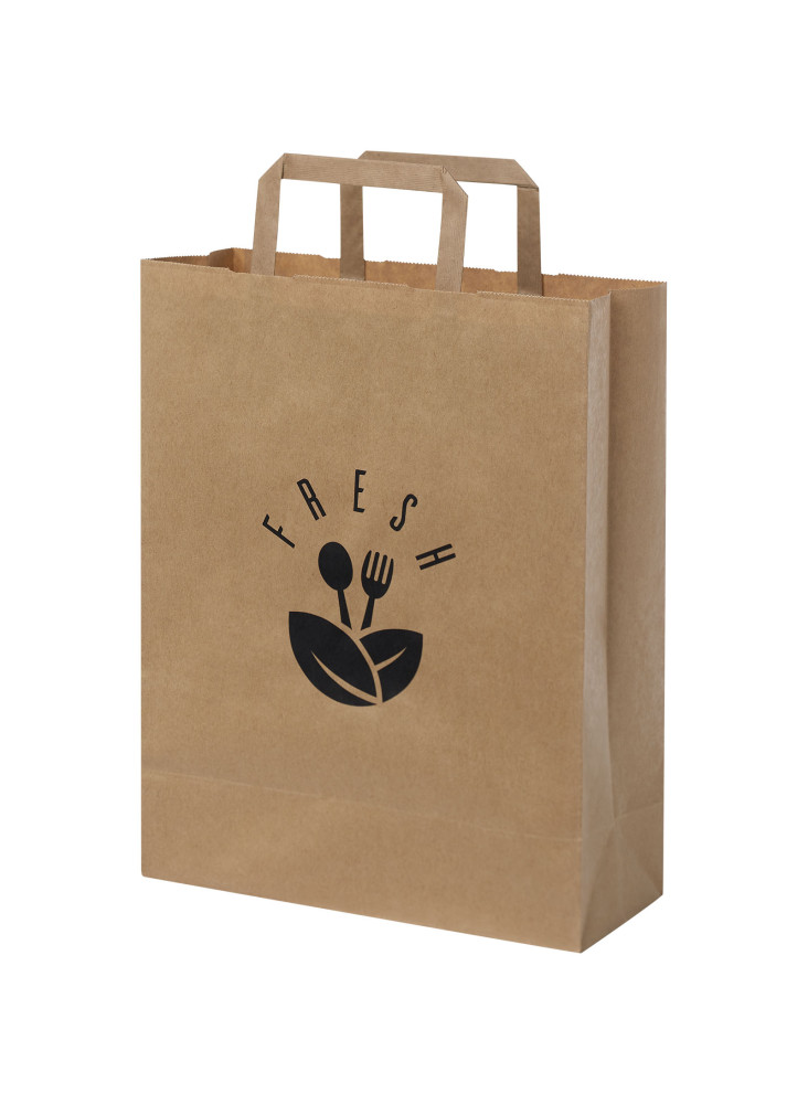 Sac publicitaire papier Kraft 80-90 g/m² avec poignées plates, 25 x 11 x 31 cm