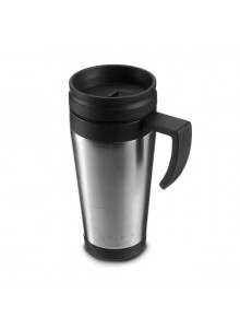 Mug en inox avec couvercle en plastique noir.