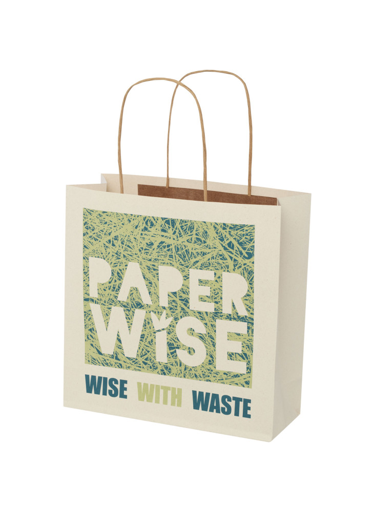 Sac publicitaire papier fabriqué à partir d déchets agricoles 150 g/m2 avec poignées torsadées, 24 x 9 x 24 cm