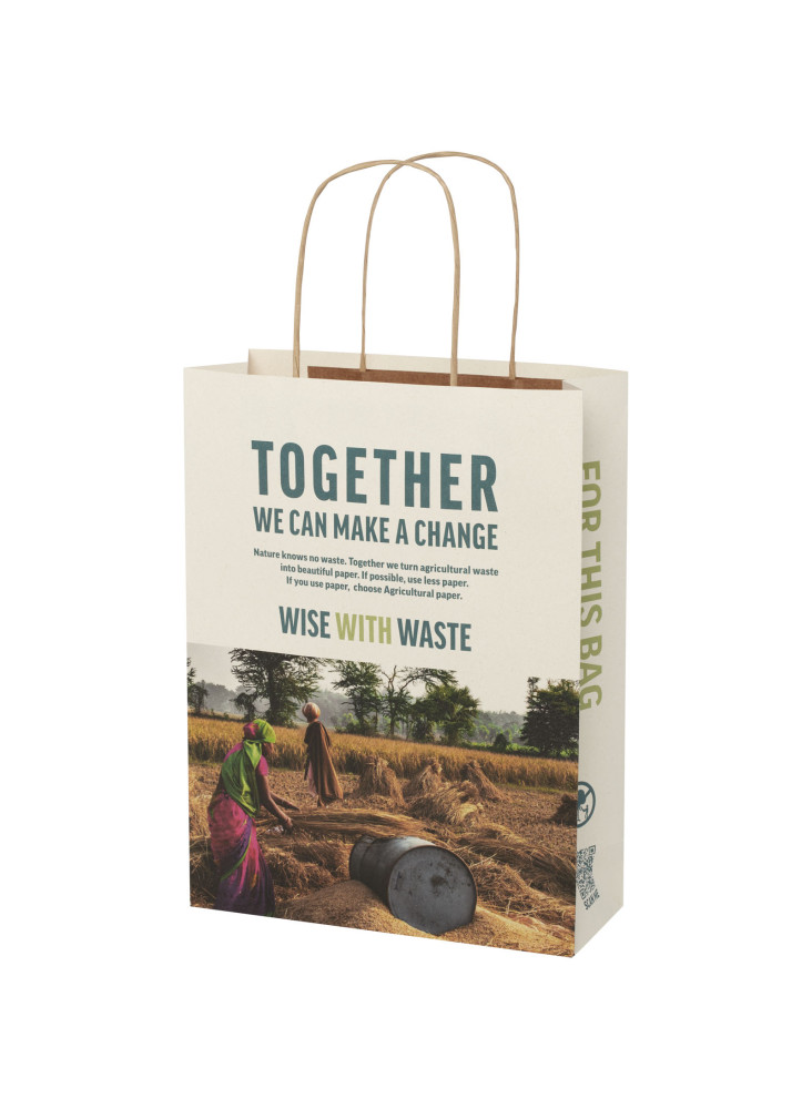 Sac publicitaire papier fabriqué à partir de déchets agricoles 150 g/m2 avec poignées torsadées, 24 x 9 x 32 cm
