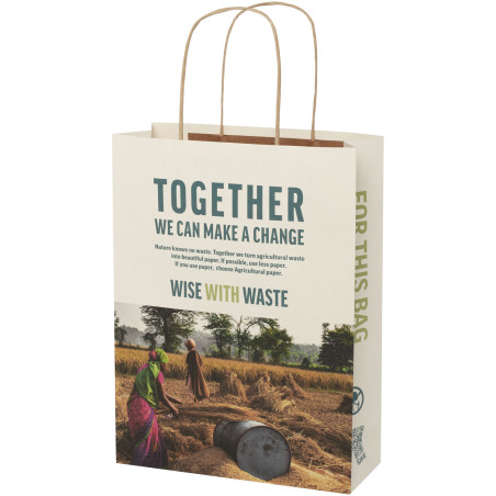 Sac publicitaire papier fabriqué à partir de déchets agricoles 150 g/m2 avec poignées torsadées, 24 x 9 x 32 cm