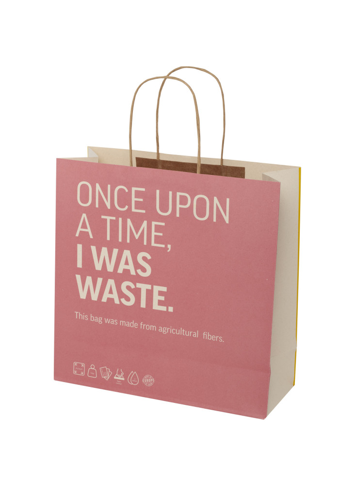 Sac publicitaire papier fabriqué à partir de déchets agricoles 150 g/m2 avec poignées torsadées, 31 x 12 x 31 cm