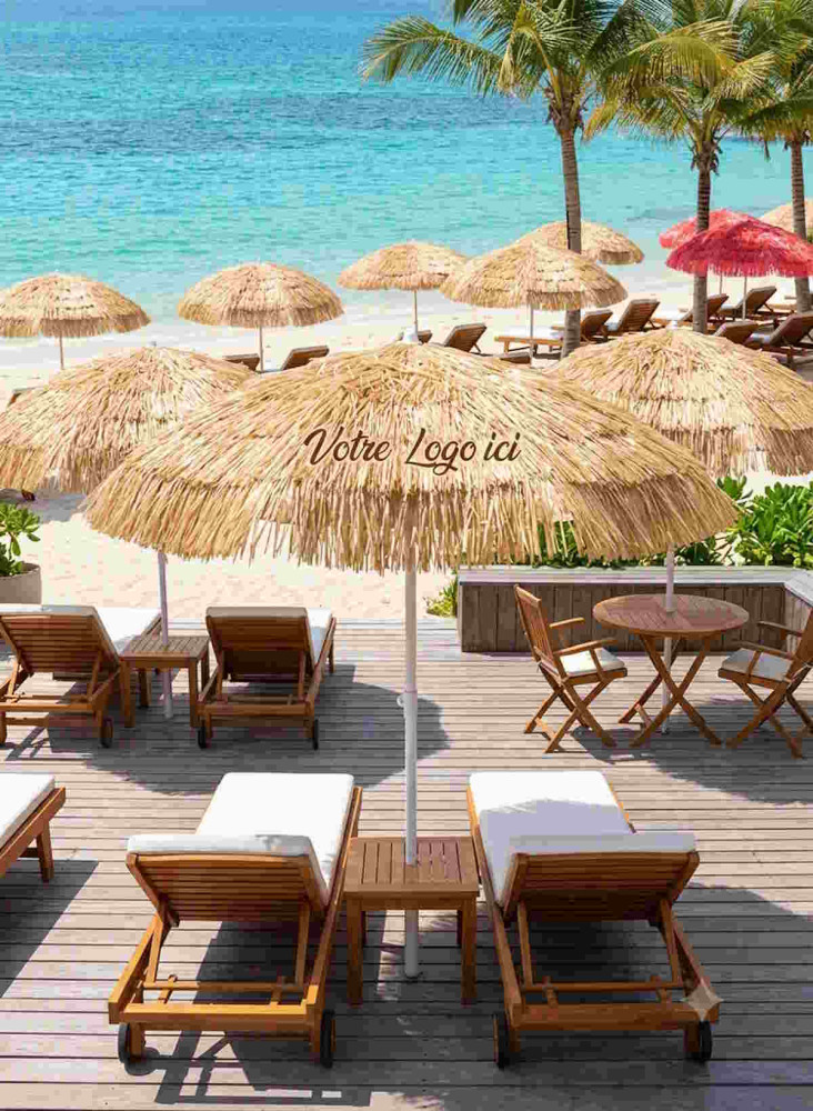 Parasols en rafia publicitaire