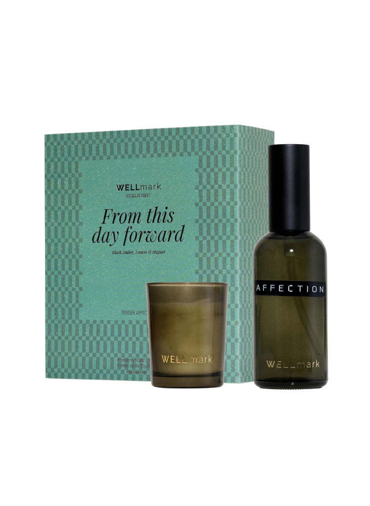 Coffret cadeau Wellmark comprenant un vaporisateur d'ambiance de 100 ml et une bougie Tender Affection de 70 ml