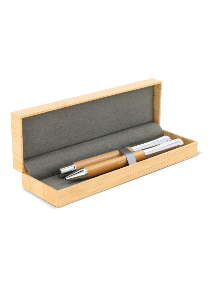 Ensemble stylo à bille et roller en métal bambou dans une boîte cadeau