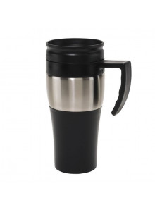 Mug Thermos en inox avec poignet et couvercle ainsi qu'un socle gommé.