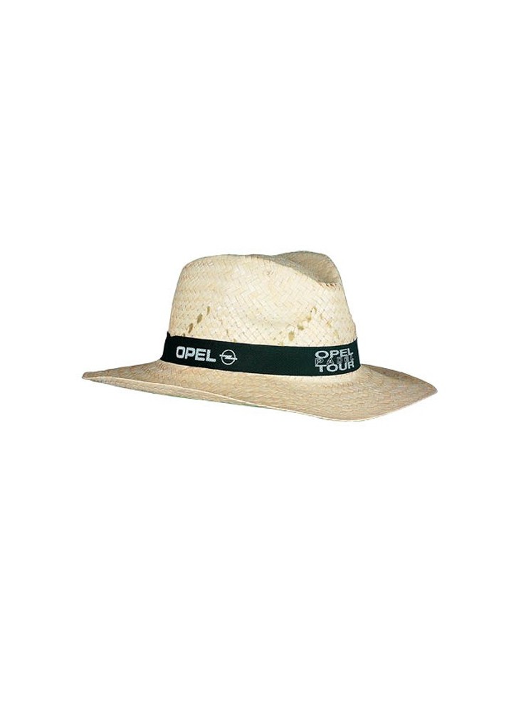 Chapeau de paille avec bandeau noir publicitaire