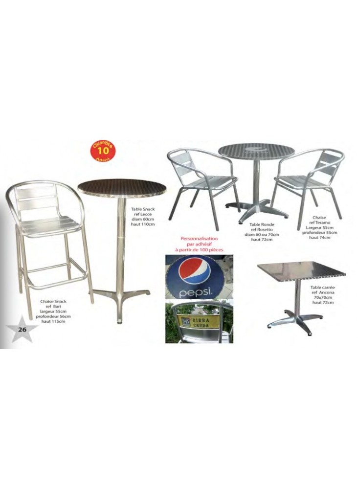 Tables et chaises aluminium/acier pour snack  publicitaire