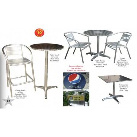 Tables et chaises aluminium/acier pour snack personnalisable
